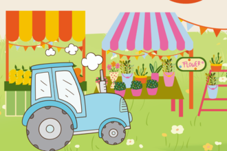 A cartoon featuring a blue tractor, fair stalls and bunting