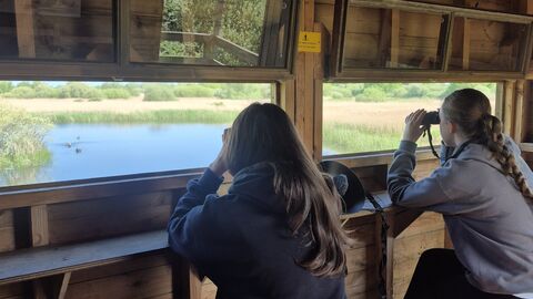 Two girls sat side-by-side in a bird hide looking through the windows with their binoculars.