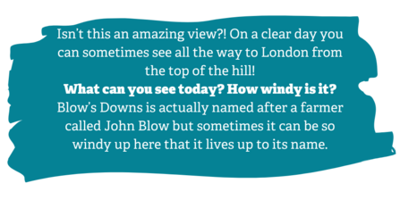 Activity description: Isn’t this an amazing view?! On a clear day you can sometimes see all the way to London from the top of the hill!  What can you see today? How windy is it? Blow’s Downs is actually named after a farmer called John Blow but sometimes it can be so windy up here that it lives up to its name.